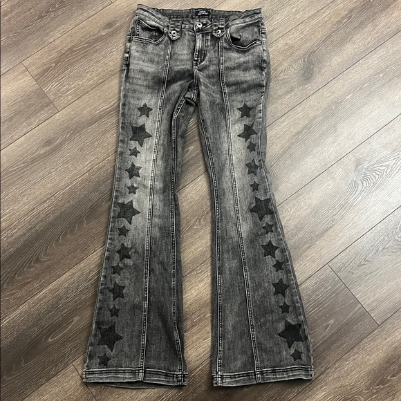 Social Collision Denim - Grey flare jeans with Black Star Patterned